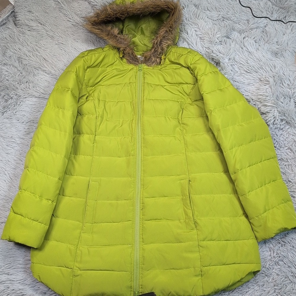 Christopher & Banks Jacket Womens XL Green Hood Down Feathers Pockets Zip Up
